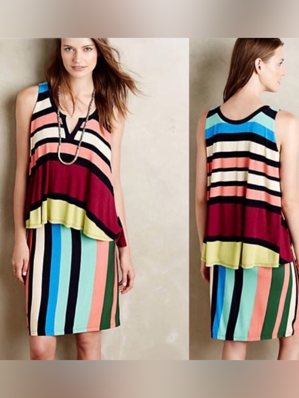S🌈 Anthropologie Maeve Davina Retro Rainbow Stripe Layer Sleeveless Jersey Dress